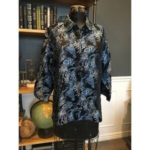 Black-Blue-White, Floral, Blouse, Shirt, Long Sleeve, Collared Neck, Preston
